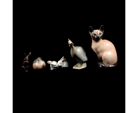 Royal Copenhagen, five porcelain animal figurines, including Seated Siamese cat, model 3281, 19.5cm; Wild Turkey, model 1086,
