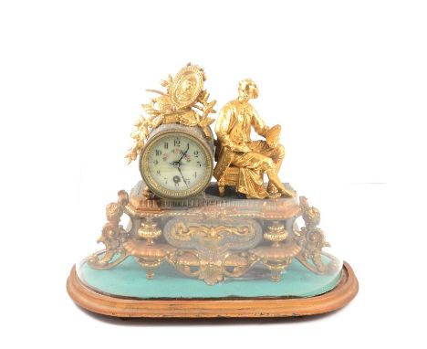 19th Century French gilt spelter mantel clock, figural mount, circular dial, cylinder timepiece movement, on a gilt wood plin