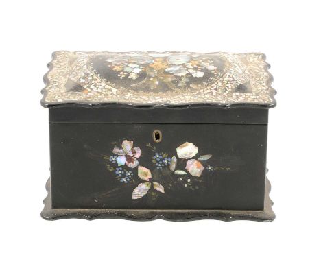 Victorian papier mache tea caddy, the domed top with bouquets of flowers in Mother of pearl and gilt, the interior with two c