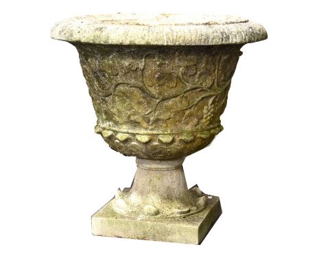 Haddonstone pedestal planter, urn shape with grape and vine decoration, square plinth, diameter 62cm, height 64cm.