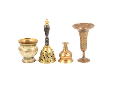 Brass and copper wares, two boxes including Pullman carriage railway lamp; copper kettle; three pairs of brass candlesticks; 