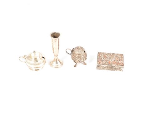 A collection of silver-plated and metal collectables, resin snuff bottle; two pairs of small opera glasses; silver-plated taz