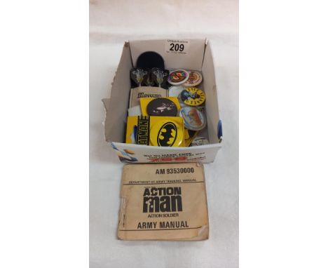 Action man army manual, Batman badges etc including The Prisoner, Dick Spanner etc