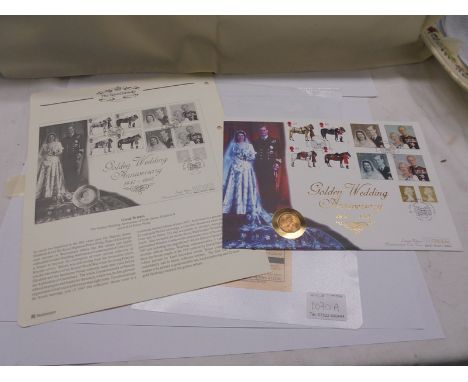 A Queen Elizabeth II Golden Wedding coin cover with a 1958 gold sovereign.Coin cover in good condition, no insert.Info card o