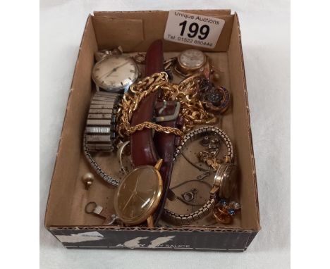 A quantity of vintage wristwatches, French horn brooch, yellow metal chains etc