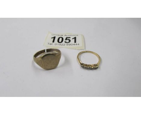 A 9ct gold signet ring, size V, 2.66 grams a/f and a gold five stone ring size 0 half, 1.23 grams.