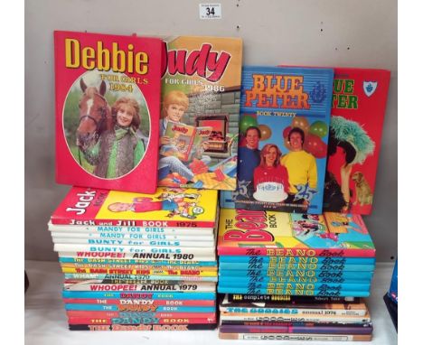 A good lot of vintage annuals from the 70's/80's including Dandy, Whoopee!, Wham!, Bunty, Debbie, Judy, Mandy, Blue Peter and