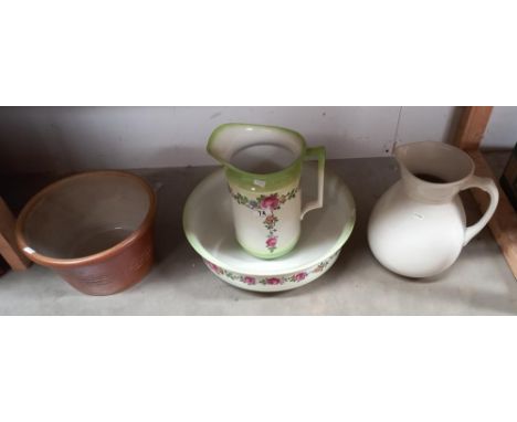 An Edwardian floral bathroom jug and bowl and a stoneware wash basin and a white jug COLLECT ONLY 