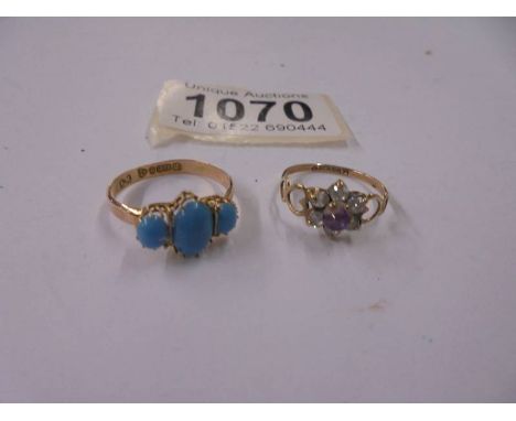 A Chester 1911&nbsp; 9ct gold ring set 3 turquoise, size M half, 1.1 grams and a 9ct gold ring size K, 1 gram.