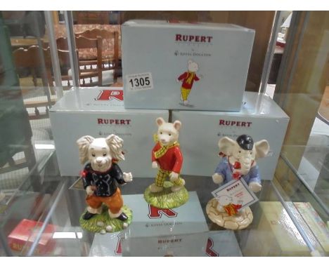 Three boxed Royal Doulton Rupert figures "Pong Ping", "Edward Trunk" and "Rupert Bear"