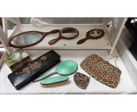 A mixed lot, vintage mirrors, brush, old tin box, handbag, vintage box etc