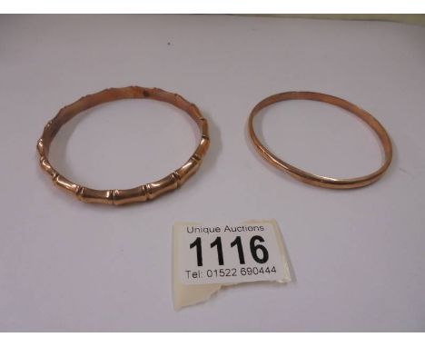 Two 9ct gold bangles, 16.24 grams. No visible splitsPlain bangle has multiple small dentsPatterned bangle has a very small de