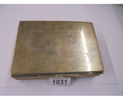 A Hungarian silver cigarette box dedicated to Bill Smith US Army Attache Office 1961 with 6 engraved military signatures, 16.