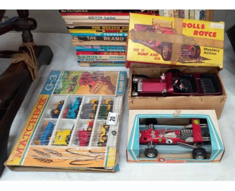 A vintage Matchbox farm set, battery operated boxed Rolls Royce and a diecast car (boxed)