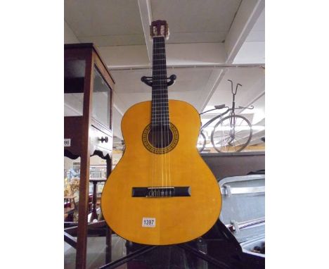 An acoustic guitar with soft case.