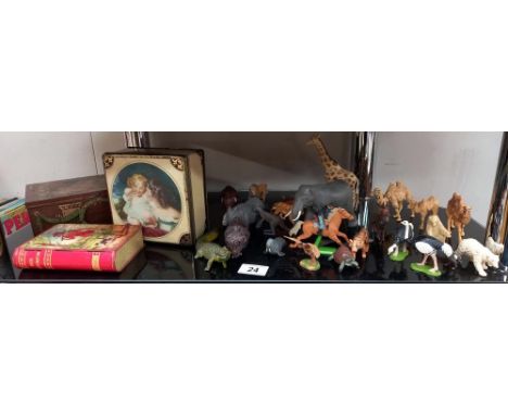 A quantity of Britain's animals and 3 vintage tins (elephant a/f)