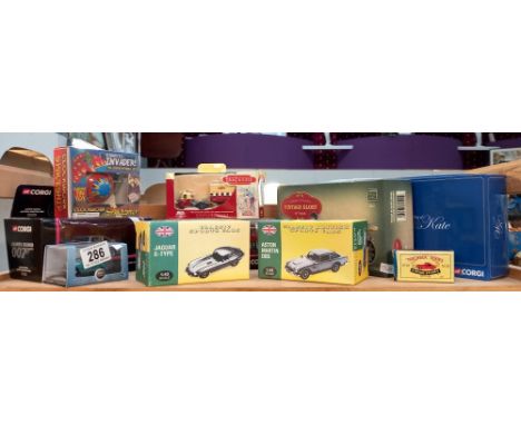 A quantity of boxed diecast including Corgi James Bond Aston Martin, vintage glory original omnibus, William and Kate gift se