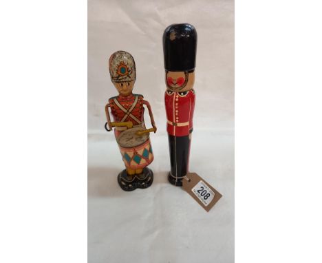 Vintage tinplate clockwork Marx toys George the drummer boy and painted wood Grenadier guard skittle