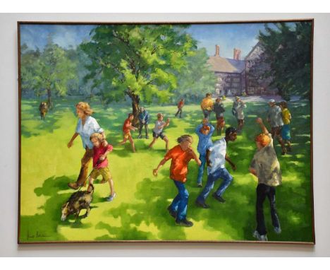 † JUNE BEVAN; oil on board, 'Children Playing in Bramhall Park', signed lower left, 75 x 100cm, framed.