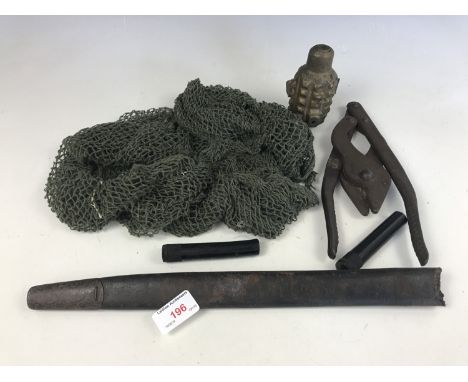 Sundry military kit including folding wire cutters, an inert grenade-like casting, Lee Enfield rifle oil bottle, camouflage v