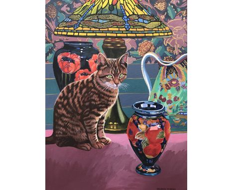 Maureen M Briggs (20th Century) The Antique Shelf / By the Lamp, study of a tabby cat seated alongside a Tiffany lamp and Moo