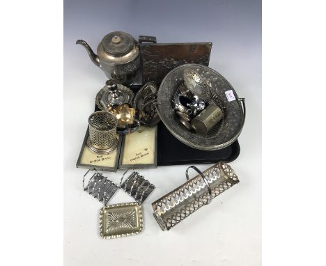 A quantity of electroplate including an 1894 Hadfield presentation basket, a teapot and sundry tableware etc.