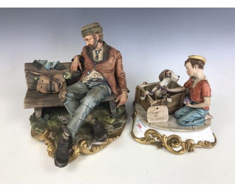 Two Capo-di-Monte figures including a gentleman on a bench and a boy with puppy