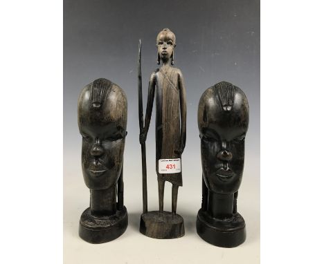 Two African carved wooden busts and a figurine 