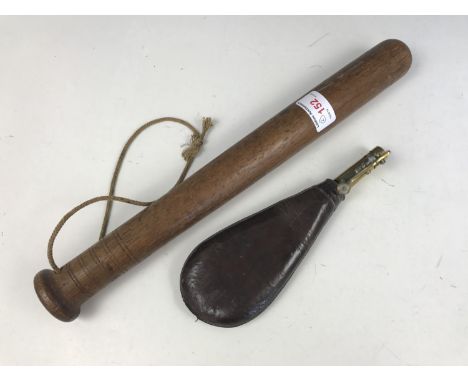 An oak cosh / truncheon together with a leather and brass shot flask