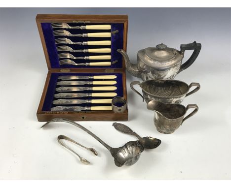 A silver napkin ring and sundry items of electroplate including a Georgian-shape EPBM tea service, Norwegian commemorative sp