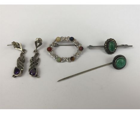 Vintage Celtic Scottish silver brooch in the form of a wreath, together with a white-metal and marcasite bar brooch, a white-