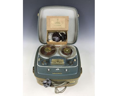 A Grundig TK25 reel-to-reel projector circa 1950s - 1960s, together with a GCM3 microphone and recordings including Radio Lux