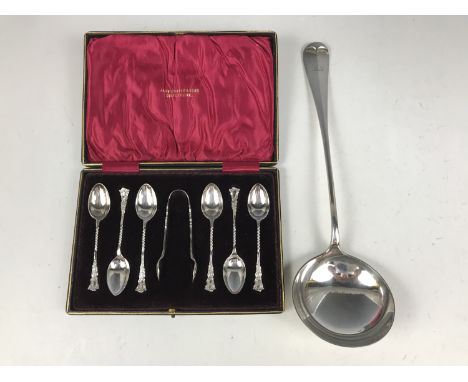 A cased set of Cooper Brothers electroplate spoons and tongs together with an electroplate heraldic crested Hanoverian and ra