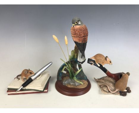 Two Country Artists figurines showing mice with a pipe and a mouse with a pen and book together with a Border Fine Arts kestr