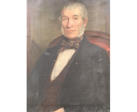 (19th Century) A sensitive half-length portrait of a seated gentleman, wearing a bow-tied cravat, waistcoat and tailcoat, his