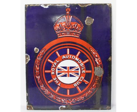 An enamel on metal advertising sign for The Royal Automobile Club by the Falkirk Iron Company Ltd, with outer affixing points