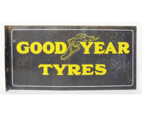 An enamel on metal double-sided advertising for Goodyear Tyres, by Franco Signs, London W1, with flanged end affixing point, 