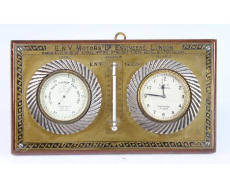 A car twin-dial clock barometer by E.N.V. Motors Ltd Engineers London, with mounted mercury scale (with break to top of scale