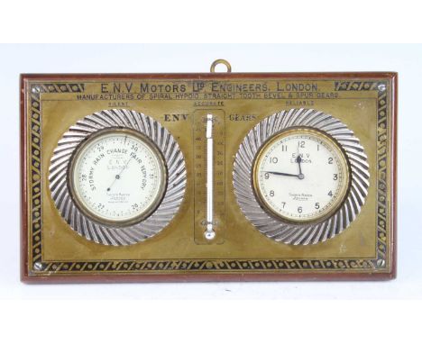 A car twin-dial clock barometer by E.N.V. Motors Ltd Engineers London, with mounted mercury scale (with break to top of scale