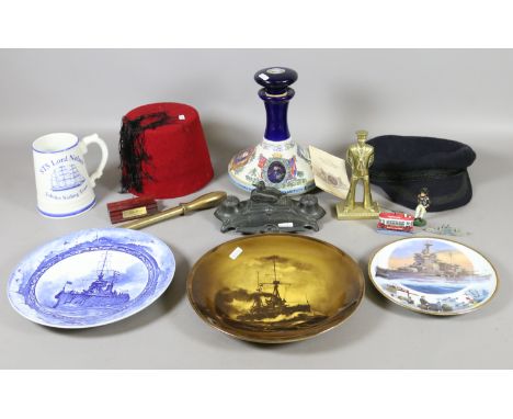 Naval and military interest: a collection of ceramics and other memorabilia including Wade Pussers rum decanter, brass figure