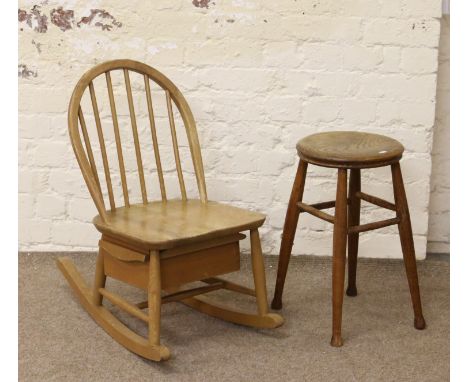 An Ercol style childs rocking chair along with a turned oak kitchen stool.