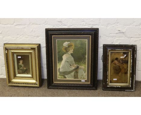 A Victorian christoleum, gilt framed print 'bubbles' and a framed coloured engraving 'by the river'.