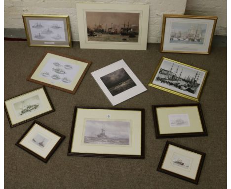 Ten framed marine prints and a mounted photograph after Charles Dixon and Norman Wilkinson, etc.