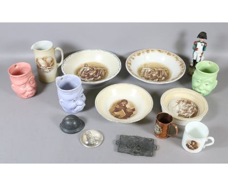 A quantity of war related collectables including Grimwades Bairnsfatler pottery, novelty Fusiliers helmet shaped inkwell, pot