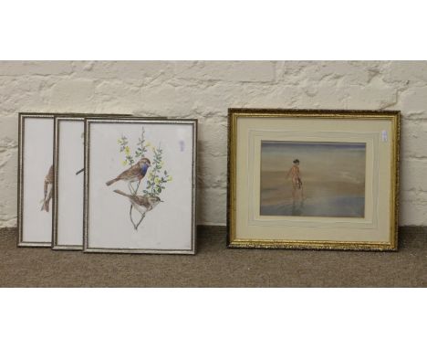 After Sir William Russell Flint, gilt framed print Germaines Beach and three ornithological prints.