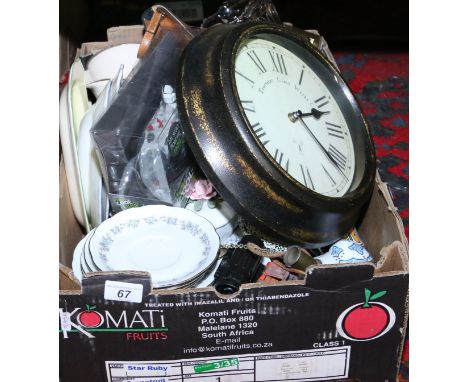 A box of miscellaneous ceramics and glass including German porcelain part dinner service and vintage Kodak camera, etc.