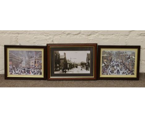 A framed monochrome print of old Rawmarsh, Stocks Lane along with two framed George Cunningham prints.