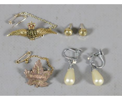 A 9 carat gold RAF Sweethearts badge, a pair of 9 carat gold ear studs along with a pair of pearl earrings and 'Mother' lapel