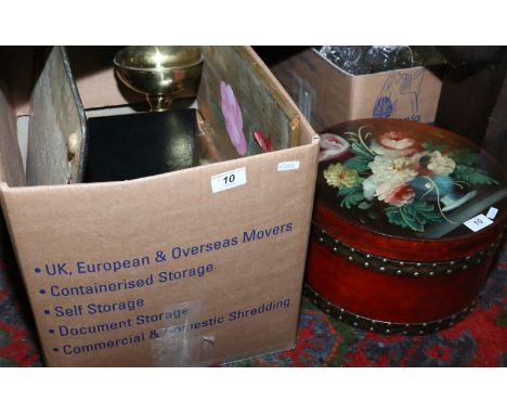 A box of mixed silver plated cutlery, brass based oil lamp, mirror/stand and a painted box.