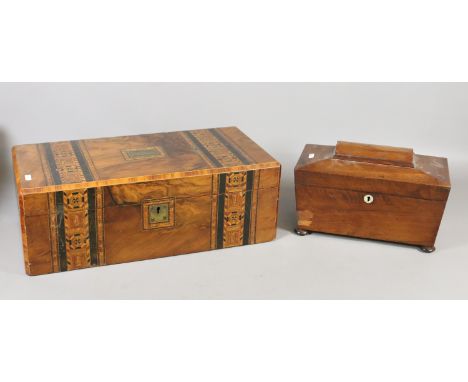 A Victorian walnut writing slope decorated with Tunbridge work along with a Regency mahogany tea caddy.